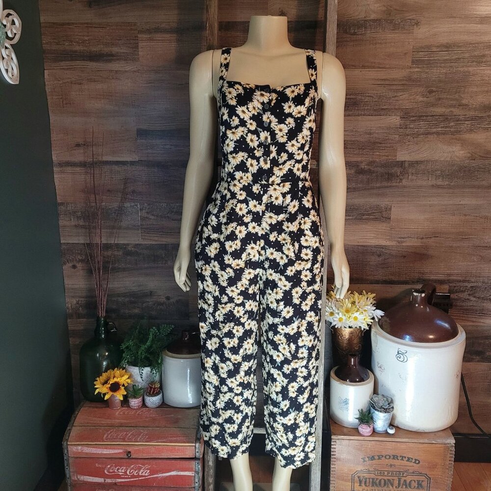 Wild Fable Floral Cropped Jumpsuit L Pockets Boho Cottagecore Country Girl - Picture 1 of 14